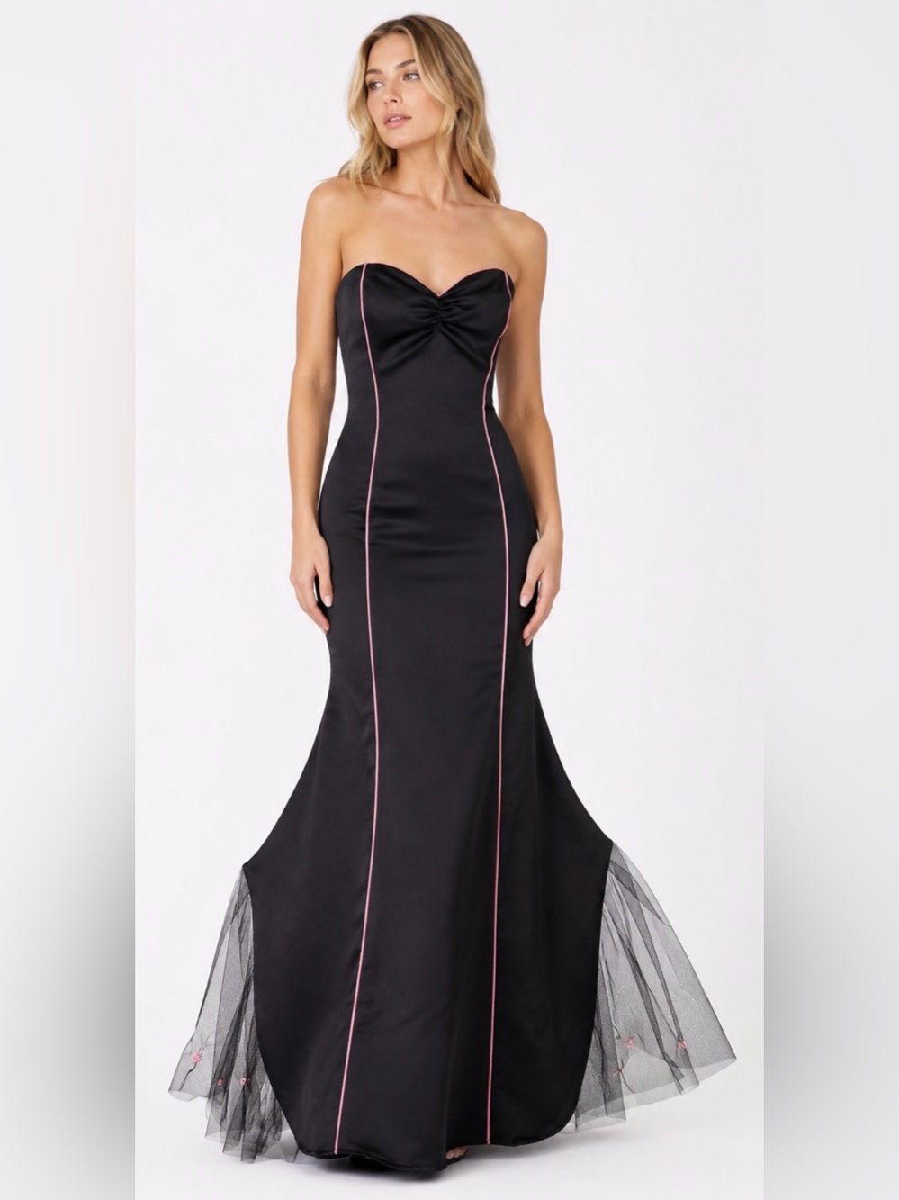 Windsor Gown Dress Black Strapless Sweetheart Mermaid Formal Pink Roses Tulle 4‎